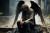A digital artwork of a figure with large dark wings sitting hunched on a wet, debris-strewn ground in what appears to be an abandoned urban space. The figure is dressed in worn, dirty clothing — grey t-shirt, jeans, scuffed shoes — and sits with head bowed and hands clasped, wings drooping to the ground on either side. The wings suggest something extraordinary, but the posture and setting convey complete exhaustion and depletion. Not fallen — simply spent.