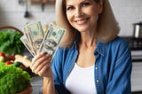 An AI created image of a lady smiling holding several $20 bills and a basket of vegetables near her