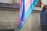 A person holding a transgender pride flag next to a building