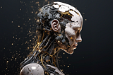 A 3D rendering depicting an AI. It is a robot with the face of a woman. Apart from the face, there is no flesh, and the rest is wiring and metal hardware.