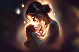 A woman holds a young baby. The setting is in dim light and is ethereal and dream-like.