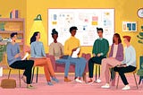 A colourful illustration of 7 people sat in a row of chairs having a discussion in front of a whiteboard covered in colourful post-it notes.