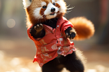 A red panda, learning dance moves, dancing on hind legs, basking in the glow of the afternoon sun.