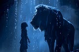 A girl facing ger fears, in the depiction of a large lion.
