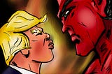 Donald Trump squaring off against the Devil in a comedic battle in Hell.