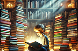 A child reading a book sitting in a room towering with books to illustrate how reading helps children thrive.