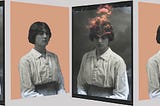 collage di Elisa Lenci Botticella. Foto vintage di una ragazza che si ripete. Alcuni soggetti hanno la testa in fiamme