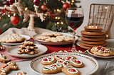 A table filled with plates of cookies, a glass of wine, and a Christmas tree in the background.