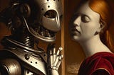 AI generated renascence painting of a human-like robot and a lady.