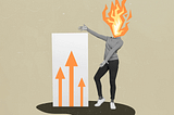 A woman presenting upwards pointing arrows on a white plane, her head replaced by flames.