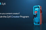 Design announcing the Zyfi creator program with a gas station on the right and a blue background