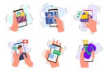 Ilustrações com seis mãos, cada uma segurando um smartphone. Na tela de cada um, está ilustrado um aplicativo: de mensagens, de relacionamento, bancário, de ligações.