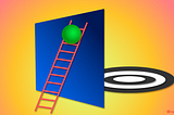 A green ball climbing a ladder over a wall to reach a target