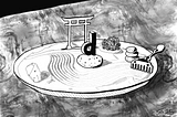 A drawing of a Zen garden with rocks and the letter d on a rock.