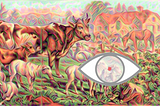 The eye of an AI views a surrealist farm scene,