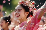 Young Chinese woman in traditional chlothes lauging and celebrating