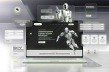 Futuristic laptop screen mockup with glassmorphism design, robotic figure, and floating UI elements highlighting digital transformation, AI automation, and modern website solutions.