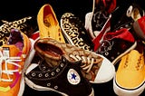 A photo of a jumble of colorful sneakers