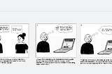 A zoomed out view of a black and white story board with characters talking to each other and looking at a laptop. You can’t read the words because they are intentionally fuzzy.