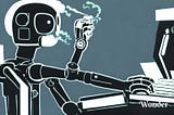 A drawing of a robot smoking while typing on a computer.