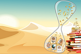 An illustration of my 2023 reading journey — Books on a sand dune, along with an hourglass