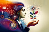 Abstract, colorful image of a businesswoman symbolizing growth and knowledge. AI-generated.