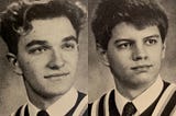 Photos of Scott-Ryan Abt and Ryan Bigge from their high school yearbook. Both photos are black and white.