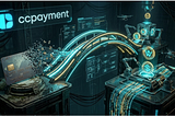 Future of Web3 payments: CCPayment logo above a cyberpunk bridge transforming a dissolving credit card into glowing digital crypto coins.