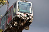 A damaged train after an accident.