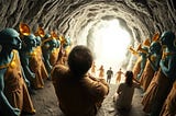 A man in his 50s, wearing a short beard and looking rugged and worse for wear, sits on his heels inside a mountain tunnel. In front of him are a dozen gold-skinned people, including his wife and two teenage sons. They are flanked by much taller, blue-skinned humanoids holding golden trumpets. Everyone is looking at an arch of crystal, glowing with white light, on the tunnel’s wall