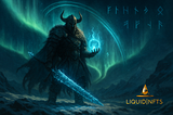 A Viking warrior stands on a snowy ridge beneath the aurora borealis, wearing ancient Norse armor and a horned helmet. He holds a glowing blue vault-core in one hand and a frost-covered greatsword in the other. The Bifrost arcs behind him across the night sky, and faintly glowing Norse runes float around him. The Liquid NFTs logo is placed in the bottom right corner.