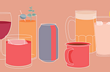 An illustration of various beverages; a wine glass, a soda can, a mug of coffee, etc.