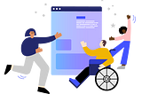 (From left to right) A person with a blue shirt, a person with a yellow shirt in a wheelchair, and a person wearing a pink shirt all gesturing to an abstract webpage window.
