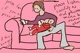 A cartoon of an exhausted mother on the phone on a couch breastfeeding and pumping, with the text of phone menus in the background