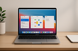 MacBook workspace setup with macOS apps displayed on screen, showing a clean productivity-focused desktop environment