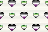 Vector illustration of lined notebook paper with hearts alternating the asexual and aromantic flag colors