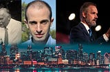 Image mashup for a header — Jung, Yuval Noah Harari and Jordan Peterson above a city at night — photo credits — Jung is Public Domain, Yuval is Yuval’s, Jordan is from Gage Skidmore, the city is Unsplash and Max Bender