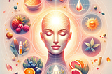 A harmonious illustration depicting the journey to clear, radiant skin. At the center is a luminous, healthy face symbolizing the guide’s ultimate goal. Surrounding this are vignettes of key skincare elements: antioxidant-rich foods like berries, nuts, and leafy greens; a water droplet representing hydration; a figure in motion for regular exercise; a sun with a protective shield for sun protection; and vitamins C, E, and Zinc supplements. These elements are connected by flowing lines, emphasizi