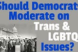 YouTube thumbnail image that reads “Should Democrats Moderate on Trans & LGBTQ Issues?” The background photo is of a crowd of transgender activists in front of the U.S. Capitol building in May 1997. They were gathered there for the 2nd Annual National Gender Lobbying Day, where trans people would reach out to members of Congress. Photo is from the Digital Transgender Archive.