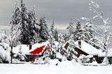A rambling, snow-covered house is seen across a snow-covered expanse, surrounded by snow-covered trees under gray skies. The snow on part of the roof and nearby bushes is smeared with red.