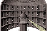 1785'te Bentham tarafından, mahkumlar üzerinde sürekli gözetleniyor hissi yaratmak için tasarlanan Panopticon hapishanesi.