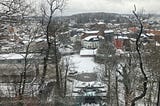 Funicular and hill overlooking snow covered Spa, Belgium