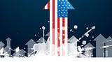 This image shows an upward-pointing arrow designed with the American flag pattern (red and white stripes with white stars on a blue background). The arrow rises prominently above numerous smaller gray arrows in the background, against a dark blue backdrop. The composition suggests growth, advancement, or American economic/market leadership. There are splatter-like white elements around the base of the main arrow, possibly representing momentum or breaking through barriers.