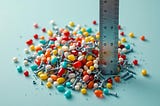 A metal ruler standing upright in a neat pile of colourful jellybeans and silver screws, symbolising precise measurement applied to irrelevant objects.