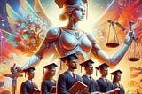 Students in graduation regalia overwatched by a robot lady justice holding up weight scales in one hand and a sword in the other hand.