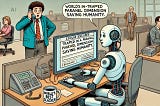 Bohiney News — A satirical cartoon of a futuristic HR meeting where an AI robot presents on a screen titled ‘Top Excuses for Missing Work.’ In th — Satire and Alan Nafzger.