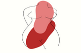 Outline of feminine body with pink and red blocks of circular colour overlapping.