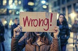 Woman holding up a cardboard sign saying “wrong!” in red letters