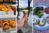 Three vertically-cropped photos of food in France: a counter full of pastries, a vanilla ice cream cone held up against a river, and a plate of cheese toasts, salad and charcuterie.