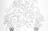Fire & Smoke, a conceptual drawing of two sources of smoke combining into a cloud. By the author, 2024.
